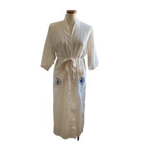 Vintage Kimono Embroidered Long Robe White Blue Health Longevity OSFM